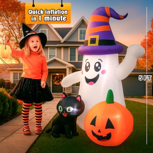 5FT Cute Halloween Inflatables Ghost, Blow Up Wizard Ghost with Pumpkin Black Cat for Garden Lawn Indoor Party Decor, Halloween Decorations Outdoor Inflatables
