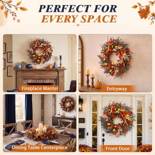 24" Fall Wreaths for Front Door, Fall Wreaths Lush Autumn Leaves & Berries