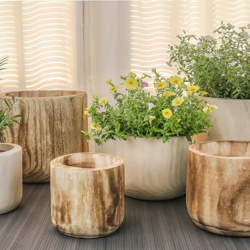 CYS EXCEL 11'' Wood Cylinder Planter, Burnt Finish, Lightweight, Floor Cachepot for Artificial Trees, Faux Greenery, & Live Houseplants, Fiddle Leaf Figs, or Monsteras (in Plastic Liner Pots Only)