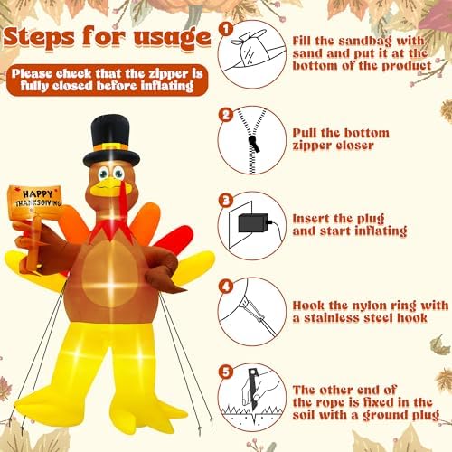 12FT Inflatable Turkey, LED Lighted Turkey Thanksgiving Outdoor Decor