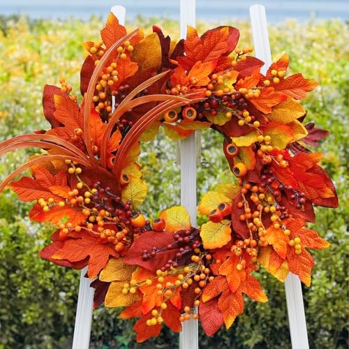 TOKCARE 24 Inch Fall Wreaths for Front Door with Maple Leaves and Berries