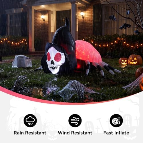 5.7FT Halloween Inflatable Skeleton Spider Outdoor Yard Decor with Magic Lights, Large Blow up Skull Spider Lawn Ornament Decorations