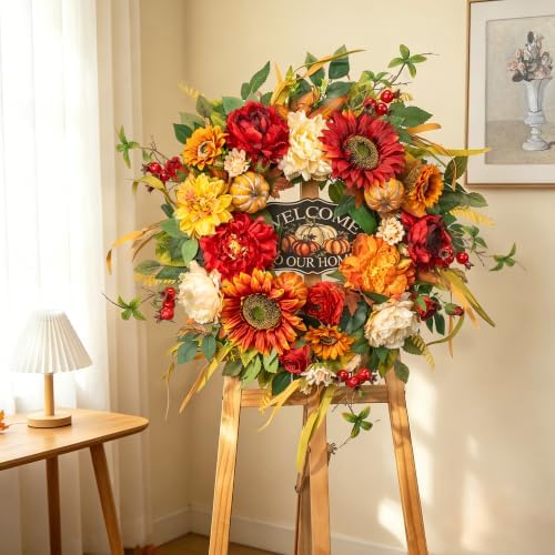 24 Inch Fall Wreath for Front Door，Rustic Harvest Autumn Wreath