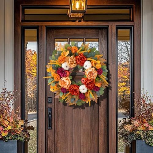 24 Inch Fall Wreaths for Front Door with Orange Peony and Burgundy Dahlias