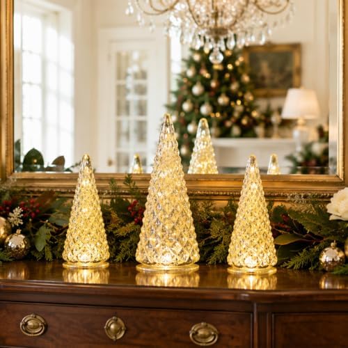 Christmas Decorations Indoor, YEAHOME Set of 3 Pre-lit Gold Glass Christmas Tree for Home Decor, Christmas Table Decorations Lighted Xmas Tree with Timer for Living Room Mantel Tabletop Party