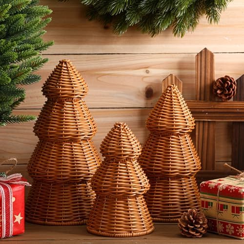 Bucherry 3 Pcs Rattan Christmas Tree Decor Rustic Woven Xmas Figurine