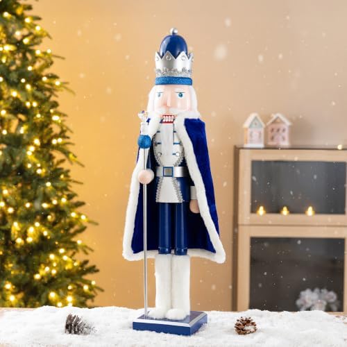 Glitzhome 24" H Wooden Christmas Nutcracker Ornaments Blue King Nutcracker Figurine Christmas Table Decor Traditional Christmas Decor for Tables Desktop Porch Holiday Festive