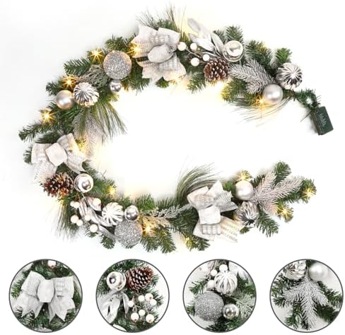 6FT Christmas Garland with Lights, Xmas Battery Operated Artificial Rattan with Classic Silver Decorations, Xmas Garland for Home Indoor Fireplace Mantle Outdoor Decor, Silver