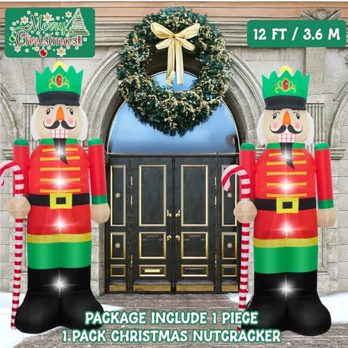 Evoio 12 Ft Giant Christmas Nutcracker Inflatables Decorations Blow Up Nutcracker Holding a Candy Cane, Large Light up Inflatable Nutcracker for Outdoor Yard Outside Christmas Decorations