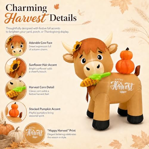 5FT Thanksgiving Inflatable Highland Cow Outdoor Decoration, Harvest Cow Blow Up Yard Decor with Pumpkin, Corn Cob, LED Lights for Fall Lawn Garden Party