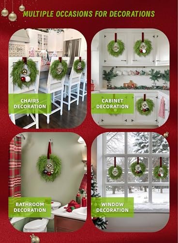 12 Inch Small Christmas Wreath Set, 3 Pack Kitchen Cabinet Chrismtas Wreath Pre-Decorated with Ball Ornaments & Ribbon, Simple Mini Cedar Wreath for Window, Chair, Wall Indoor Decoration