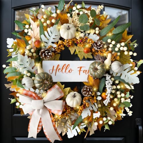 24'' Fall Wreaths for Front Door with Lights and Timer, Farmhouse
