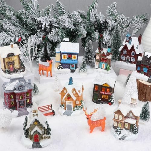 32 Pcs LED Christmas Village Set, 10 Resin Christmas Village Houses with Figurines Decoration Xmas Town Building Collection Trees Lamp Post Scenes for Tabletop Mantel Holiday Display Gift (Style A)
