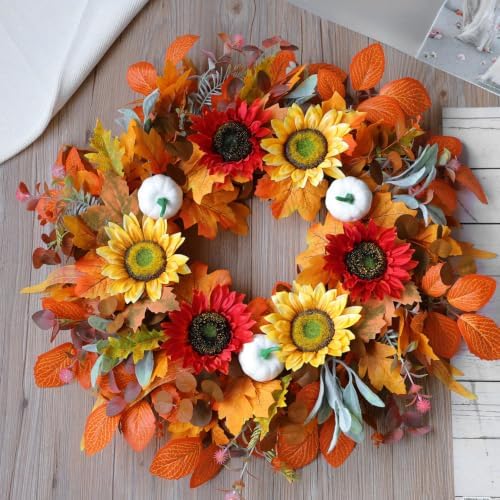 26Inch Harvest Fall Wreaths for Front Door with Sunflower and Pumpkins