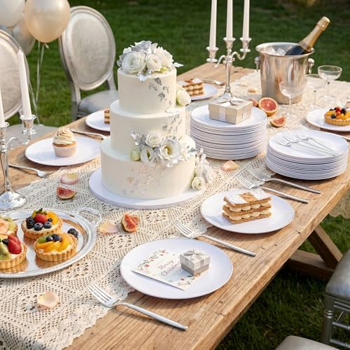 Rubtlamp 100Pcs Plastic Dessert Plates 7.5inch,100Pcs Disposable Silver Forks,White Plastic Plates With Silver Rim, Small Plastic Plates,Dessert Plates With Forks for Appetizer Cake