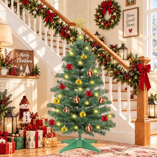 3 Ft Artificial Christmas Tree for Tabletop, Mini Xmas Tree with 4-Leg Stable Base, Small Xmas Tree for Indoor Outdoor Holiday Home Office Party Christmas Decorations (Green)