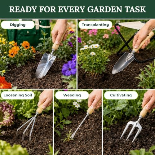 GardenHOME 7-Piece Garden Tool Set with Folding Stool & Storage Tote