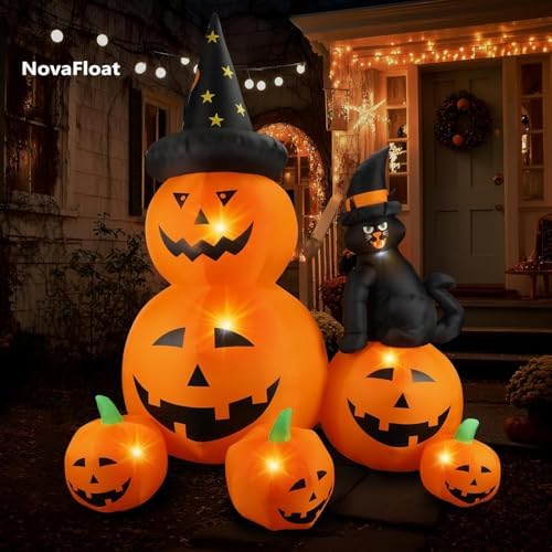 6Ft Halloween Inflatable Decorations Pumpkins Patch Lanterns with Black Cat with Build-in LEDs Blow Up Inflatables for Outdoor Decoration Balcony Home Lawn Patio