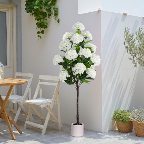 YEPDIN 6 FT Artificial Hydrangea Tree- Large Faux Hydrangea Plants Indoor Outdoor，Fake Flower Trees with White Tall Planter for Home Garden,Front Decor