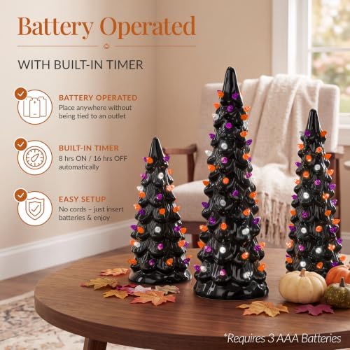 Best Choice Products 3Pc Ceramic Halloween Trees, Pre-Lit Hand Painted Pencil Holiday Tabletop Trees w/Orange Purple & White LED Lights