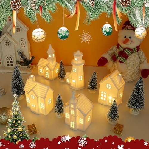 11Pcs White Ceramic Christmas Village Houses with Timer