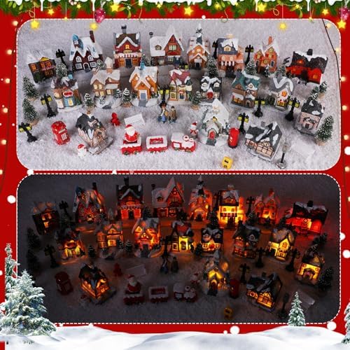Zubebe 64 Pcs LED Christmas Village Houses Holiday Town Scene Set,Classic