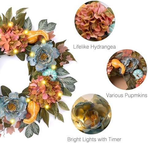 DecorbyHannah 24'' Fall Wreath for Front Door with Lights & Peony Hydrangea