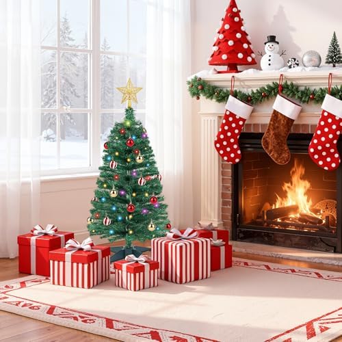 3 FT Small Christmas Tree with Lights, 12 Lighting Modes, Timer&Ornaments, Mini Fake Artificial Xmas Tree for Tabletop, Home, Office, Christmas Decoration Tree Decor