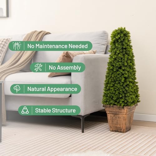 GOFLAME 3FT Artificial Boxwood Topiary Tree, Faux Boxwood Tree with Cement-Filled Pot, Fake Potted Bushes and Shrubs for Indoor & Outdoor Porch Garden Patio, No Maintenance Needed