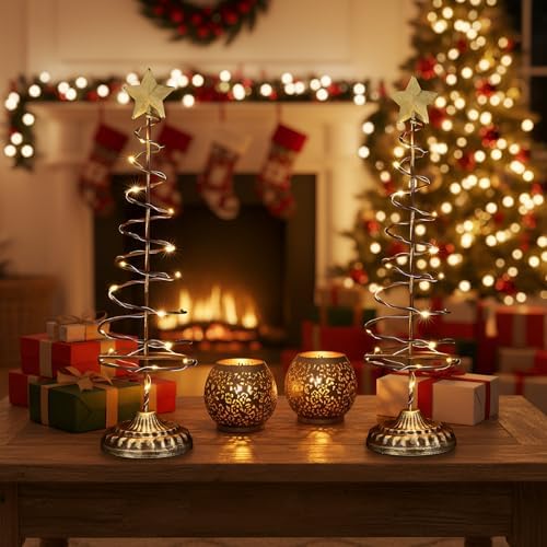 Set of 2 Lighted Christmas Tree Table Decoration with Golden Star Battery Operated Tabletop Prelit Mini Xmas Tree with LED Light up Desk Ornament for Home Mantel(Spiral,Gold)