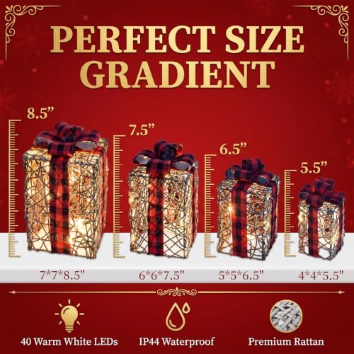 4 Pack Lighted Box Decorations Outdoor – Plug-in 40 LED Rattan Style with Red & Black Plaid Bows, 4 Sizes Set for Christmas Tree, Porch, Yard, Entryway, Holiday Display - Rattan