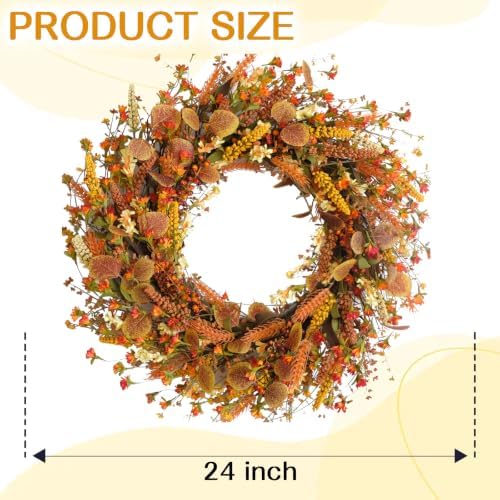 24 Inch Fall Wreaths for Front Door Wreath with Flowers,Grain,Eucalyptus Leaves Autumn Wreath for Front Door Wall Home Harvest Thanksgiving Decor