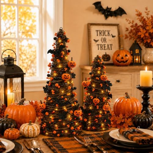 2Pack Lighted Halloween Tabletop Trees with Timer, Pumpkin Bat Decor