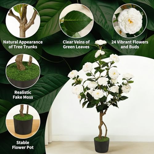 Artificial Camellia Tree 2 Pack, 42'' with 24 Blooming Flowers in Pot