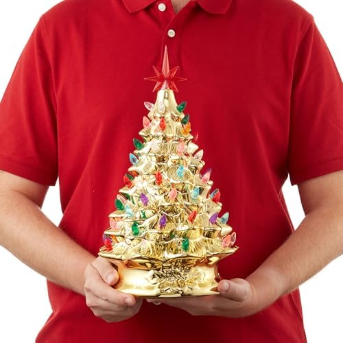 Casafield Hand Painted Ceramic Christmas Tree, Gold 15-Inch Pre-Lit Tree with 128 Multi Color Lights and 2 Star Toppers