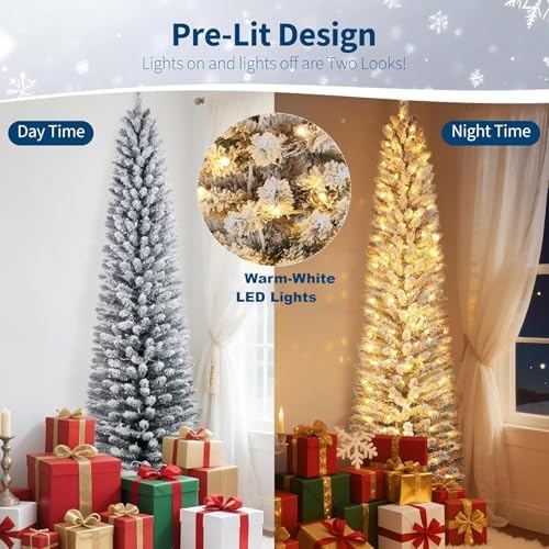 6Ft Pre-Lit Snow Flocked Pencil Christmas Tree, Fir Hinged Slim Skinny Corner Xmas Tree with 120 Incandescent Warm White Lights & Snow Branch Tips, White