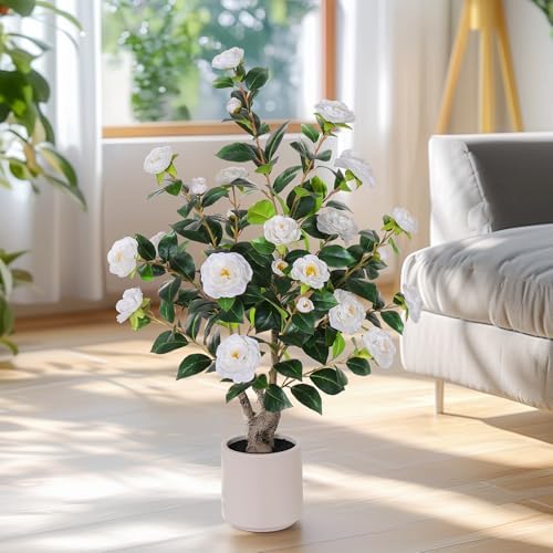Yepdin 2 pcs Pack Artificial Camellia Tree with White Planter - 39 inch Tall Fake Tree,3.2 Ft Artificial Plants Indoor & Outdoor Housewarming Gift