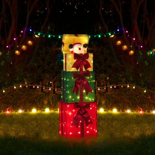 Glitzhome Lighted Outdoor Christmas Decor, 40" Animated Stacked Gift Box with Snowman Pop Up and 120 Warm White LED Lights, Christmas Yard Decoration