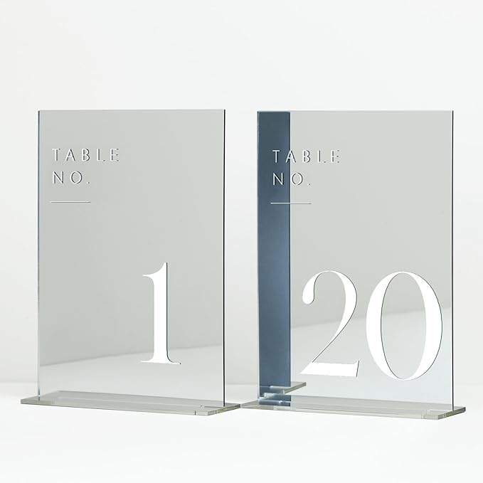 JINMURY Sliver Wedding Table Numbers 1-20 with Stands, 5"x7" Sliver Mirror Acrylic Table Numbers for Wedding Reception (Sliver Mirror White Font, Number 1-20, 5"x7")