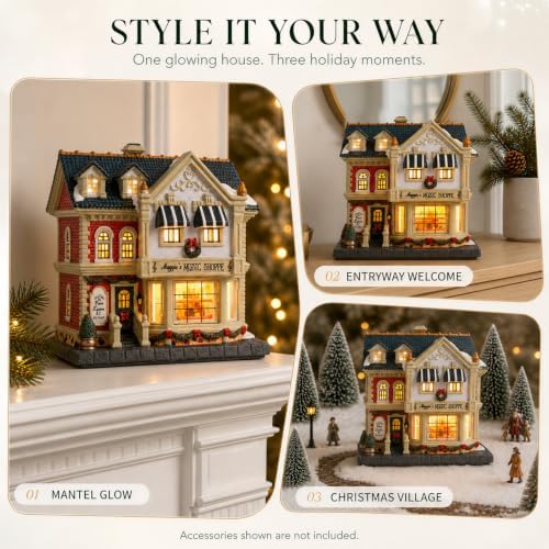 MUMTOP Ceramic Christmas Village Houses, Lighted Music Shoppe Village House