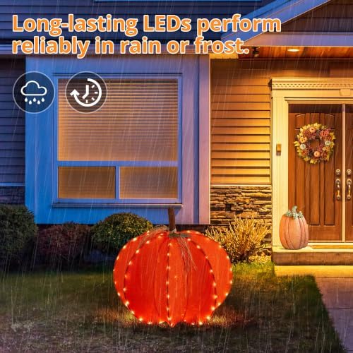 Glitzhome Fall Lighted Outdoor Decor, 32" D 3D Pumpkin Display with 100 Golden LED Lights Timer, Foldable Harvest Yard Decoration for Porch Garden