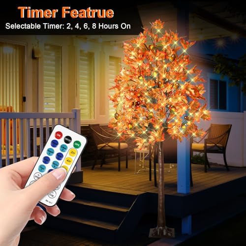 2 Pack 6FT 130 LED Lighted Maple Tree - Thanksgiving Decor Artificial Fall Tree with 13 Branches, 13 Acorns 260 Leaves, Remote 8 Modes, Timing, DC 5V Safe for Outdoor Wedding Party Autumn Decor