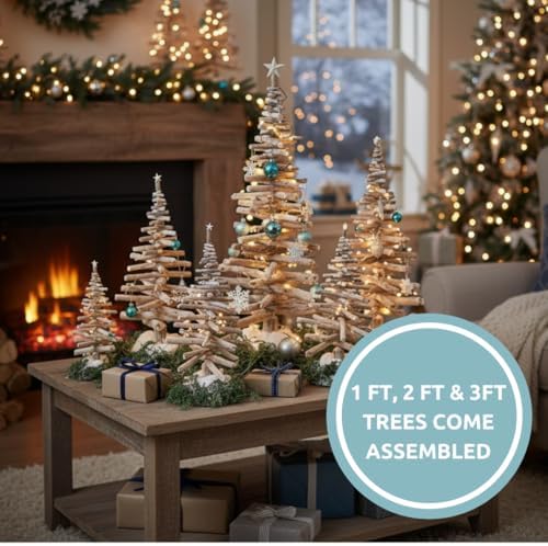 CZ Grain Driftwood Christmas Tree, 3 Feet Tall, Beach House Boho Holiday Decor, Sturdy Metal Pole