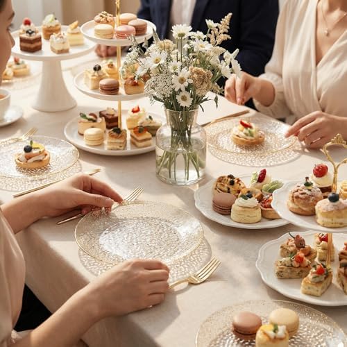 Rubtlamp 200pcs Gold Glitter Plastic Dessert Plates, Hammered 6 Inch Small Plates, Heavy Duty Appetizer Plate with 100 Gold Small Forks, Fancy Cake Snack Plate for Birthday Wedding Teatime