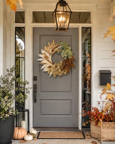 24" Fall Wreath for Front Door, Faux Leaves Corn Husk Autumn Wreath