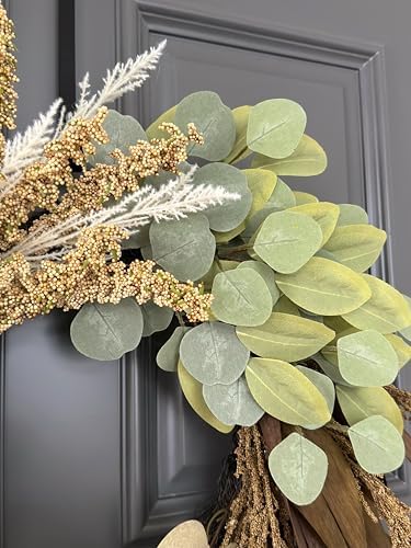 24" Fall Wreath for Front Door, Faux Leaves Corn Husk Autumn Wreath