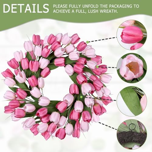 24 Inch Tulip Summer Wreath for Front Door Spring Silk Wreath with Green Leaves Artificial Tulip Flower Wreaths for All Seasons Farmhouse Porch Wall Living Room Home Widding Decor