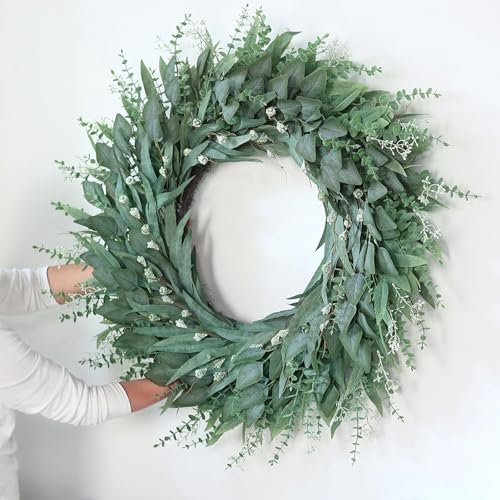 32" Large Artificial Eucalyptus Wreath with Seeds for Front Door(Green)