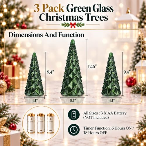 Christmas Decorations Indoor, YEAHOME Set of 3 Pre-lit Green Glass Christmas Tree for Home Decor, Christmas Table Decorations Lighted Xmas Tree with Timer for Living Room Mantel Tabletop Party