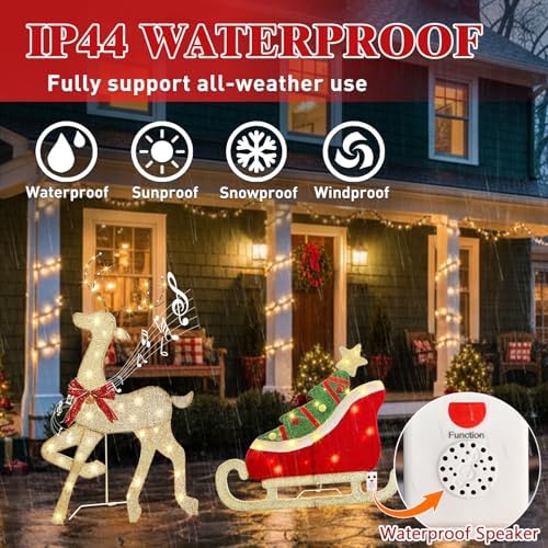EAMBRITE Christmas Decorations Outdoor, 42 Inch Christmas Reindeer & Sled with 117 Warm White Lights, Motion Sensor 2D Music Lighted Deer Christmas Decor for Xmas Tree Lawn Porch Garden